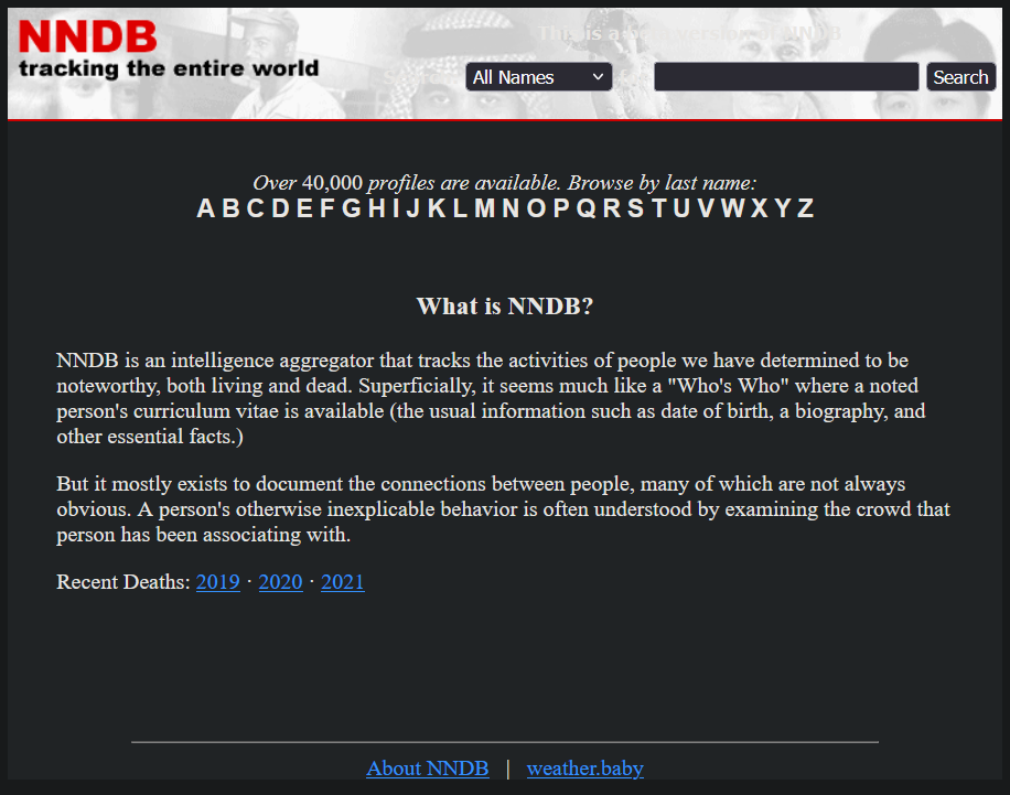 NNDB homepage screenshot