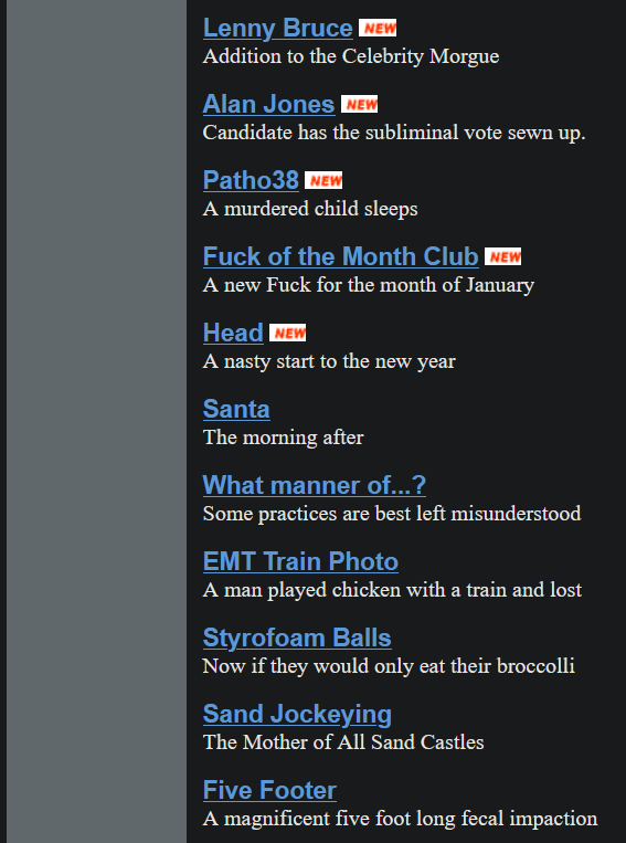 Screenshot of list of links
